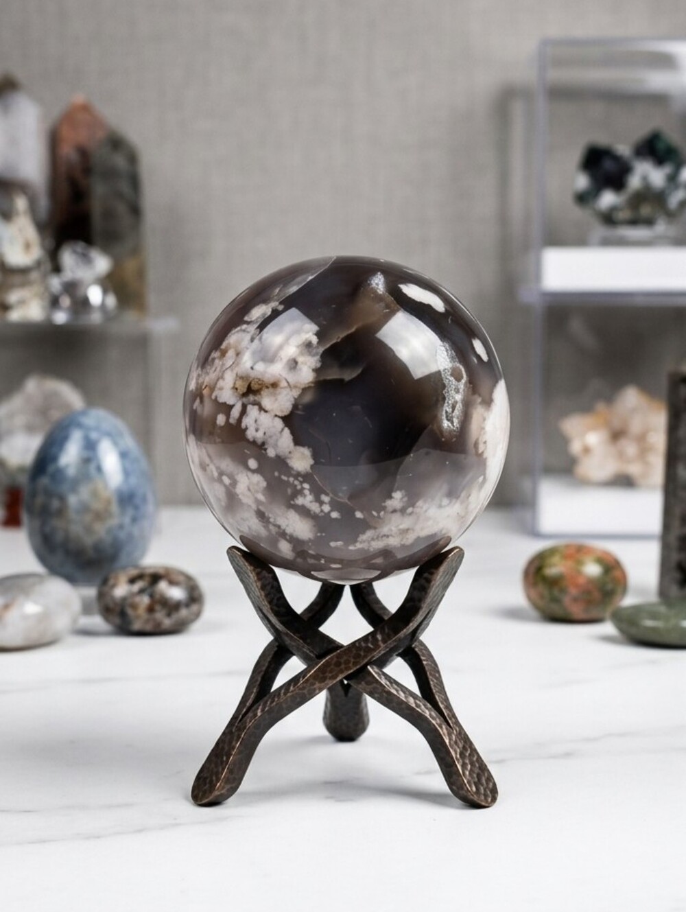 💎 AAA Premium Black Flower Agate Sphere Druzy Pocket Glitter 💎 OOAK 2.5" Large